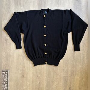 Vintage Wool Burberry Cardigan, Black with Gold Buttons,
Size 40